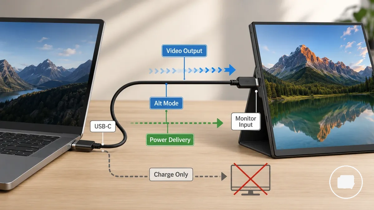 Diagrama que muestra la señal de vídeo HDMI y la conexión de alimentación USB independiente para un monitor portátil