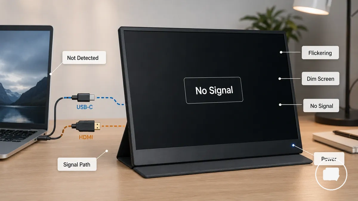 Diagrama de síntomas de monitor portátil vinculados a puntos de fallo de cable, alimentación y pantalla