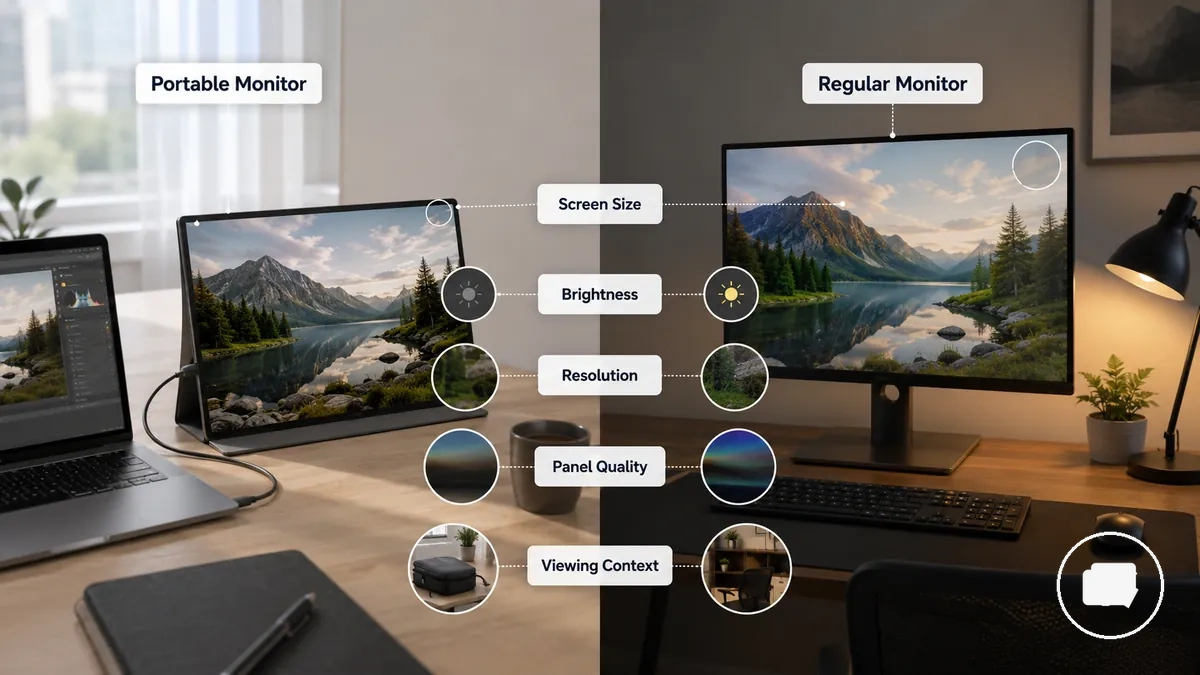 Comparación de tamaño de pantalla, brillo y consideraciones de calidad de imagen para monitores portátiles y convencionales