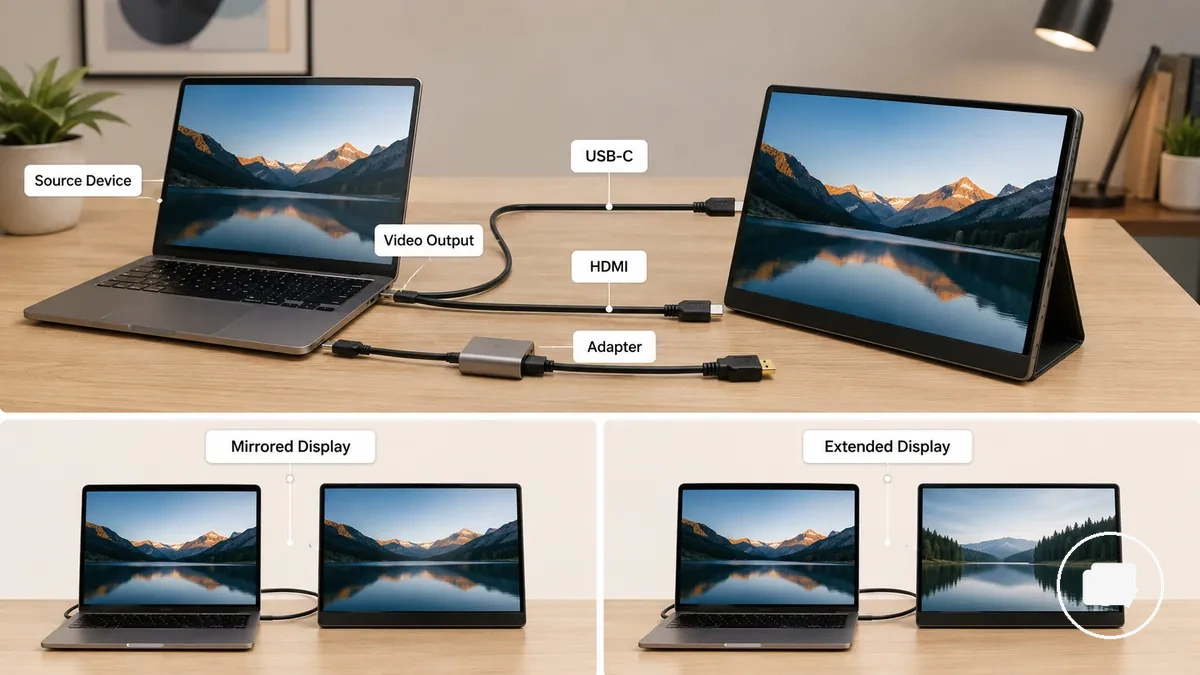 Connexion vidéo entre un appareil source et un moniteur portable montrant les modes d affichage miroir et étendu