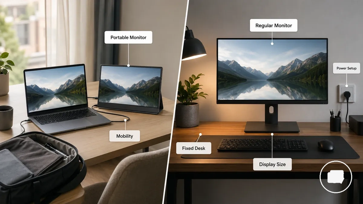 Comparaison montrant un moniteur portable et un moniteur classique dans différents environnements de travail
