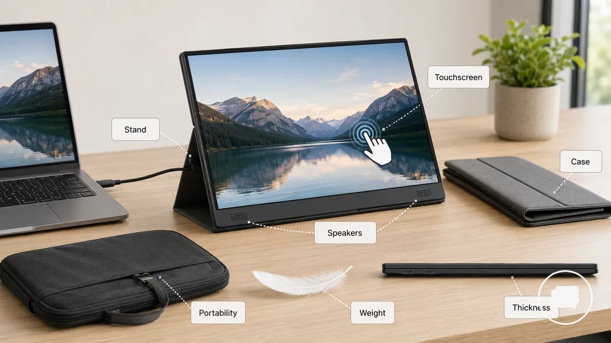 Moniteur portable montrant un écran tactile, un support, un étui de protection, des haut-parleurs et des fonctionnalités de portabilité