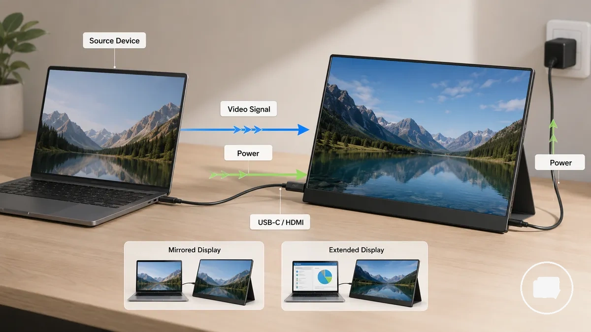 Moniteur portable connecté à un appareil source via un signal vidéo et une alimentation