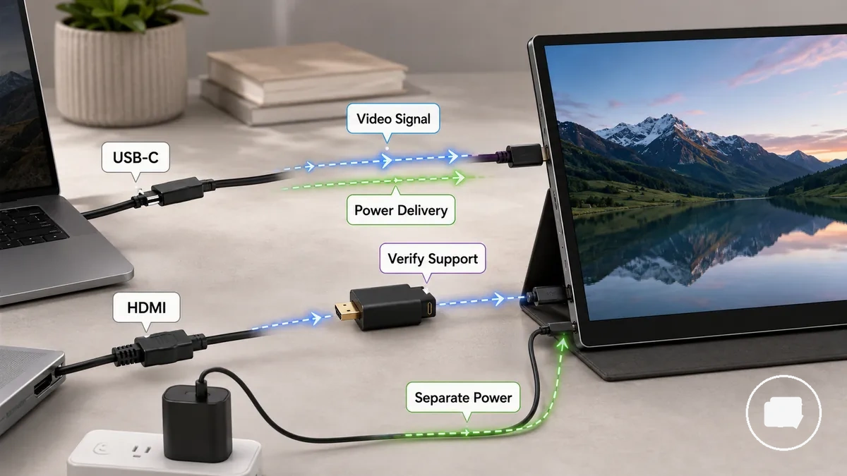 Graphique comparatif montrant les exigences USB-C, HDMI, signal vidéo et alimentation pour la compatibilité du moniteur portable