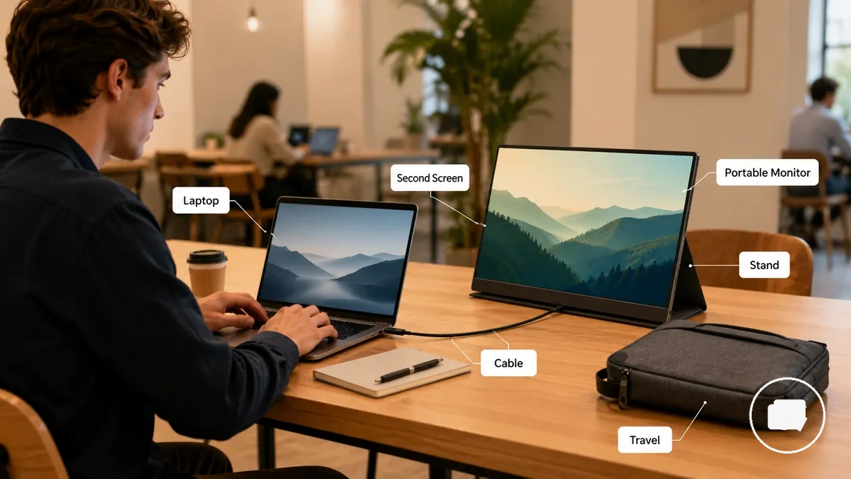 Moniteur portable présenté dans un contexte d utilisation légère d un second écran loin d un bureau