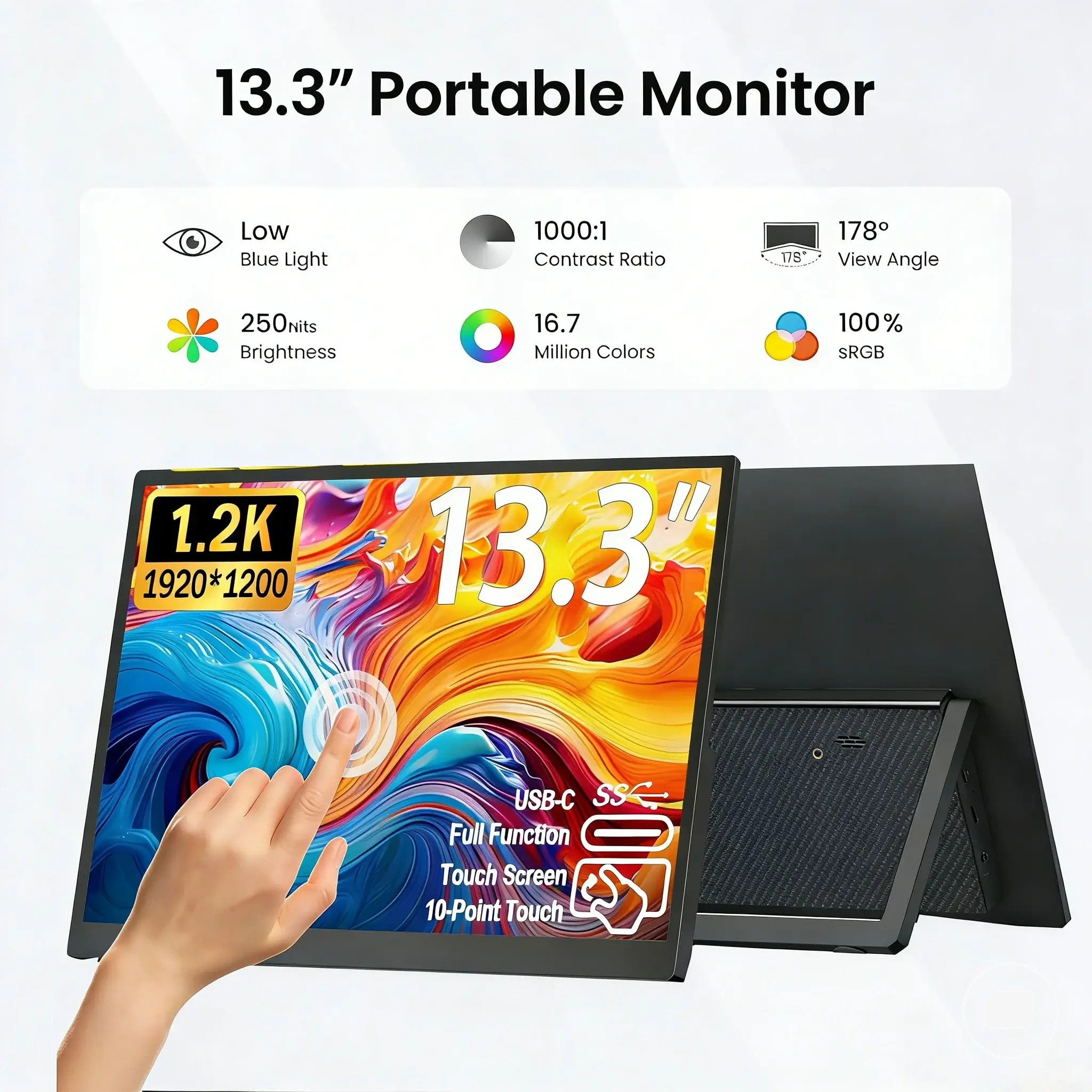 Monitor portátil touch de 13,3 polegadas 1920x1200 IPS para celular, jogos e TV Box