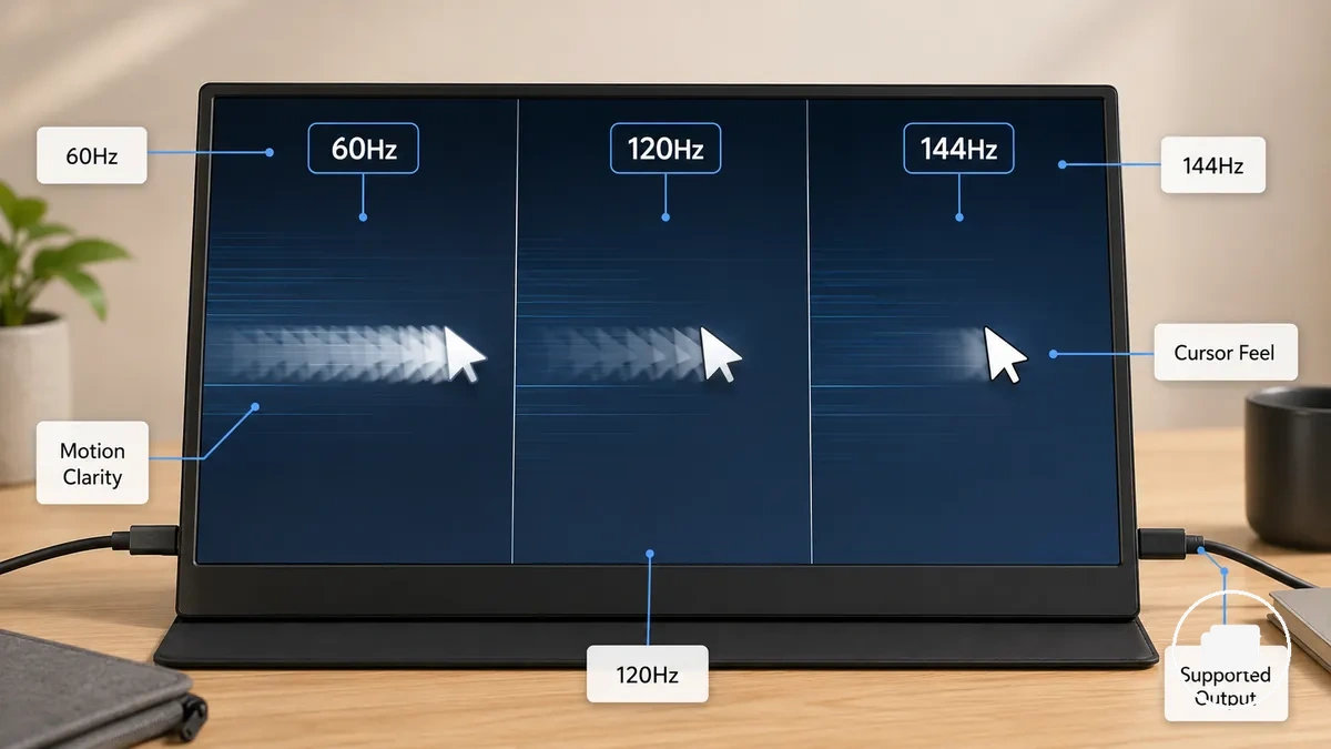 Gráfico comparativo da clareza de movimento em 60Hz, 120Hz e 144Hz em um monitor portátil