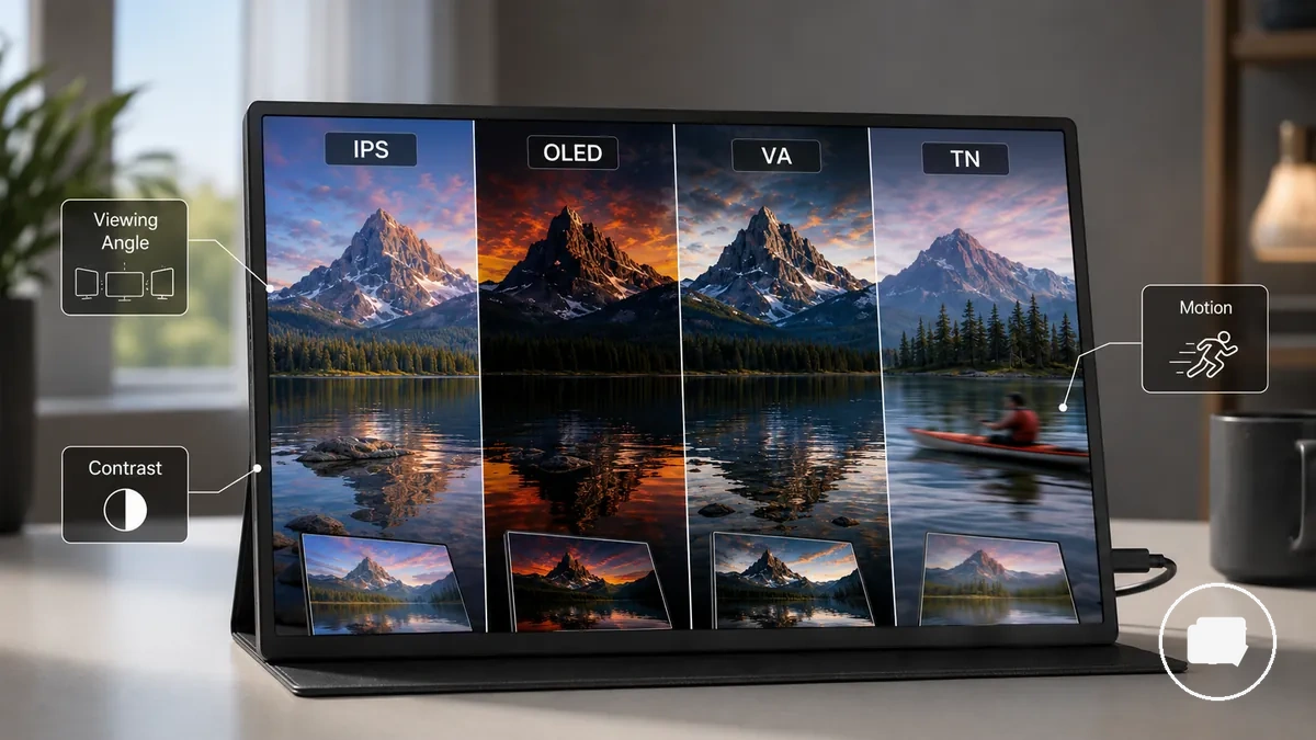 Comparação das compensações entre painéis IPS, OLED, VA e TN para um monitor portátil