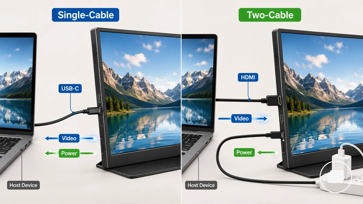Comparação entre conexões de monitor portátil com um cabo USB-C e dois cabos HDMI