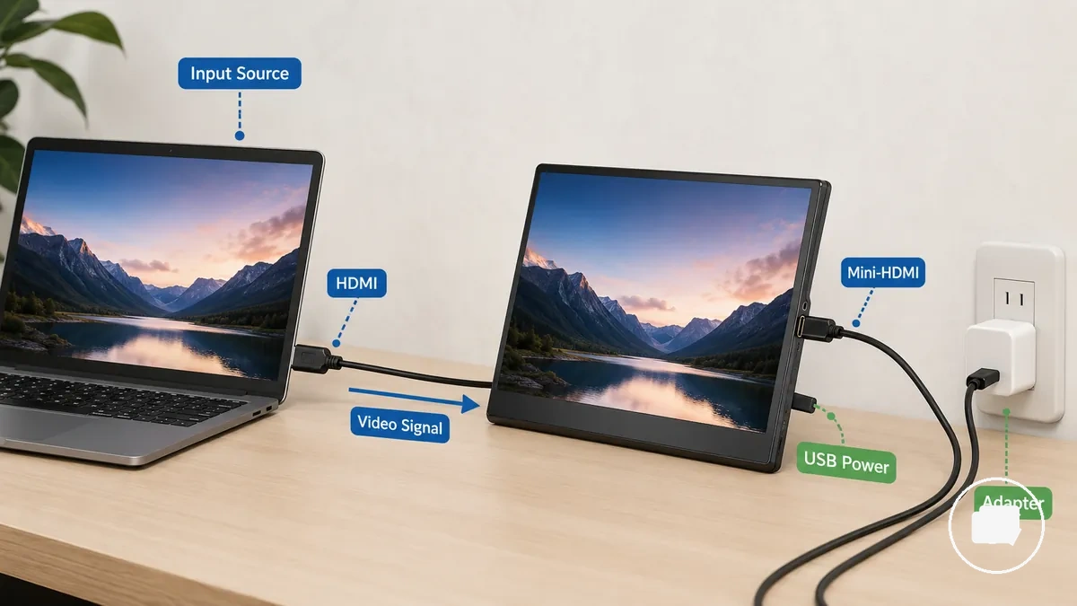 Configuração de monitor portátil HDMI com cabo de energia separado