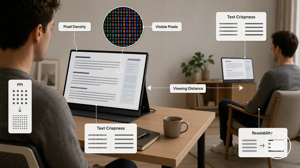 Diagrama mostrando densidade de pixels e distância de visualização para nitidez em monitor portátil