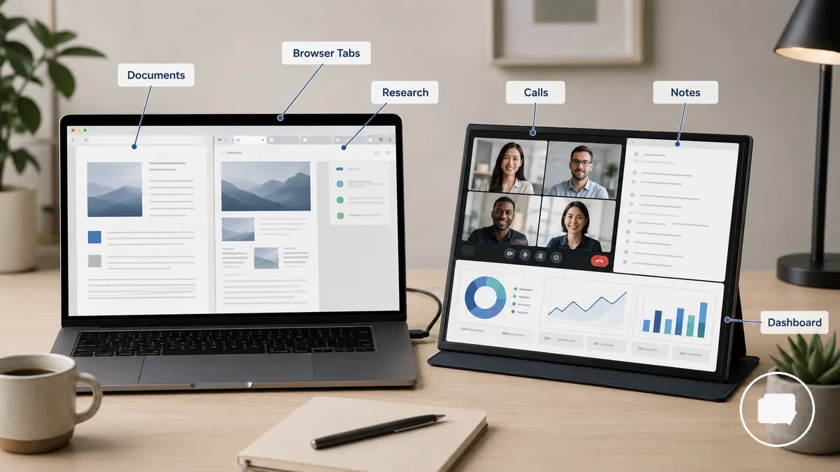 Notebook e monitor portátil mostrando divisão do espaço de trabalho entre aplicativos e documentos