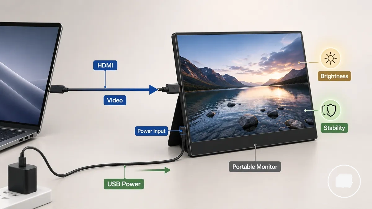 Diagrama mostrando uma conexão HDMI com um cabo de energia separado para um monitor portátil