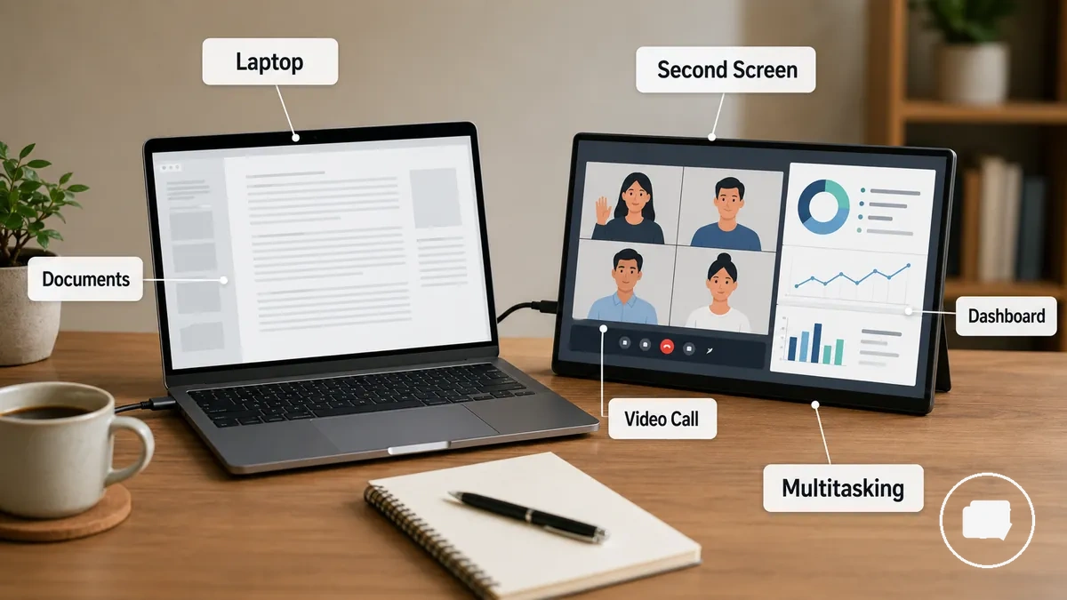 Monitor portátil em um contexto de mais espaço de tela para produtividade do notebook
