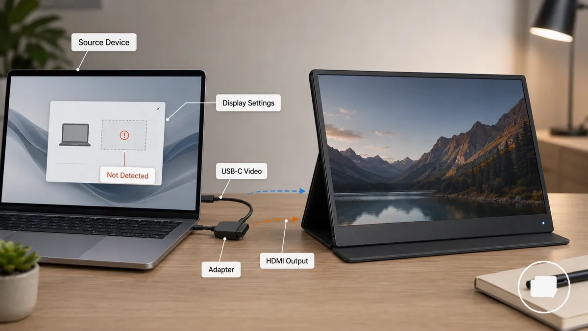 Configurações de exibição do laptop mostrando monitor portátil não detectado enquanto conectado