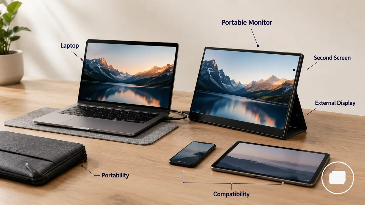 Monitor portátil ao lado de um laptop usado como segunda tela em um espaço de trabalho adequado para viagens