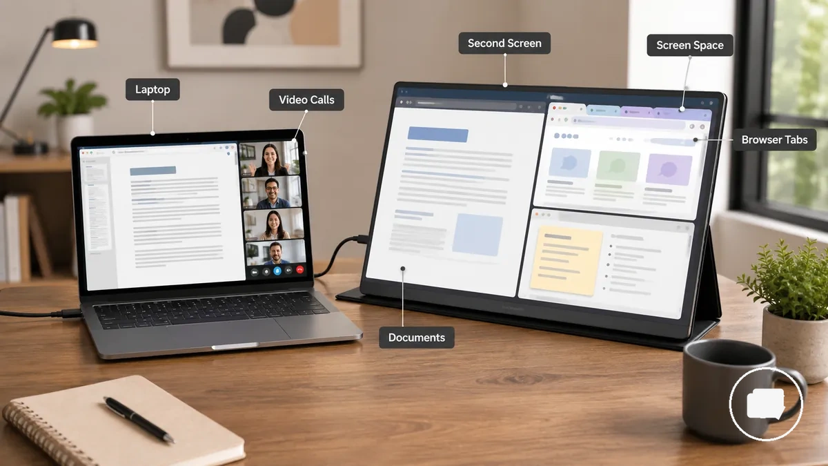 Monitor portátil adicionando espaço de segunda tela ao trabalho com notebook