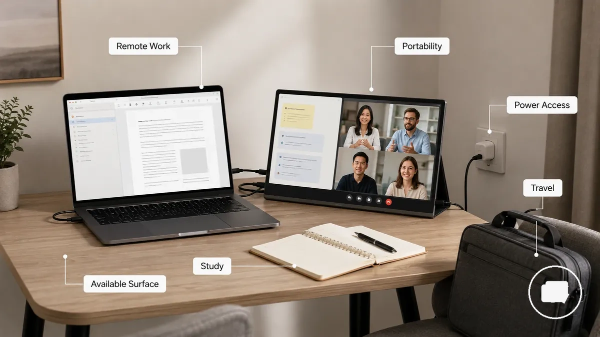 Monitor portátil usado com um notebook em uma configuração compacta de trabalho remoto ou estudo