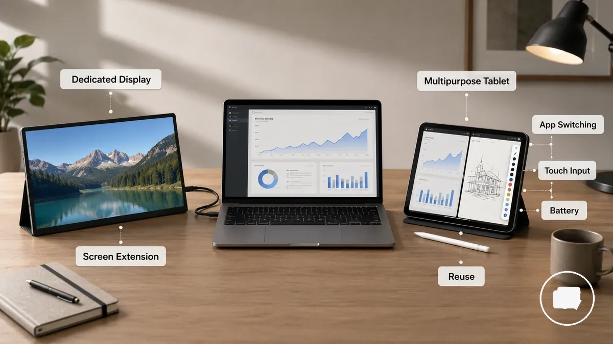 Display dedicado de monitor portátil comparado ao uso de tablet multifuncional