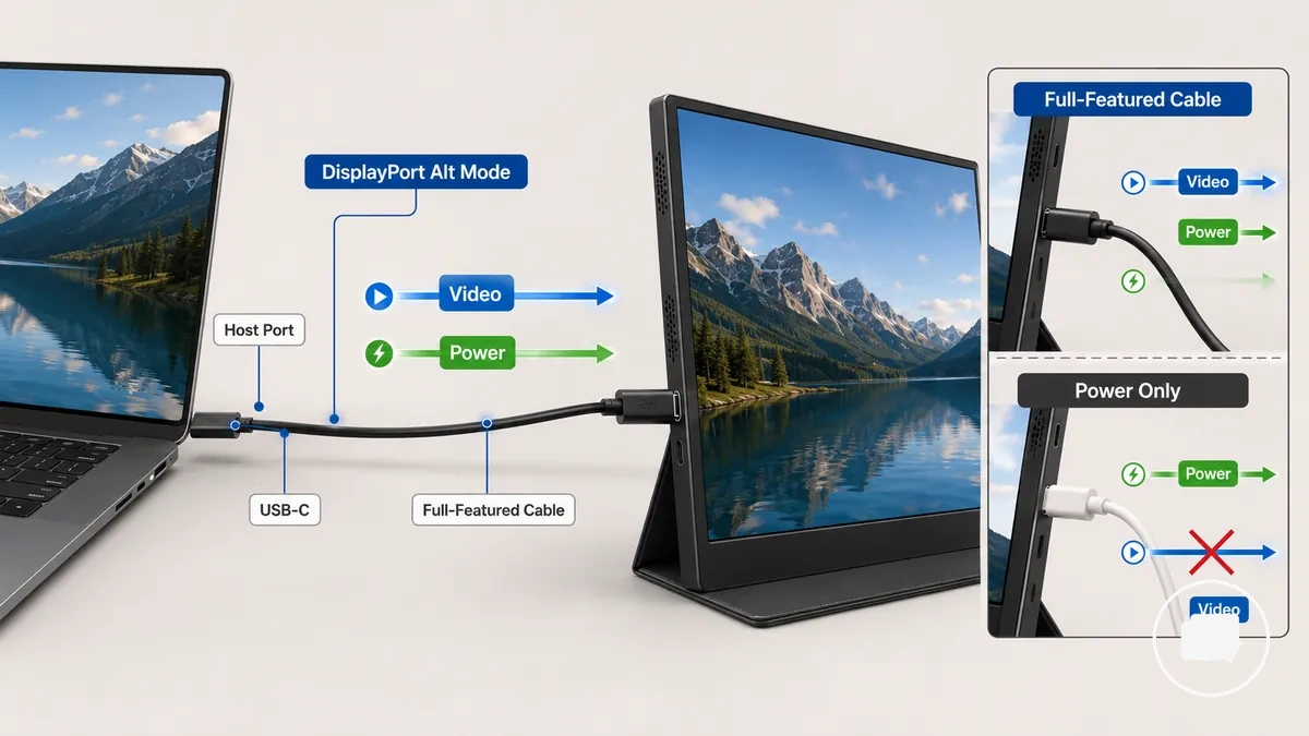 Bir USB-C kablosunun taşınabilir bir monitöre video ve güç taşıdığını gösteren diyagram