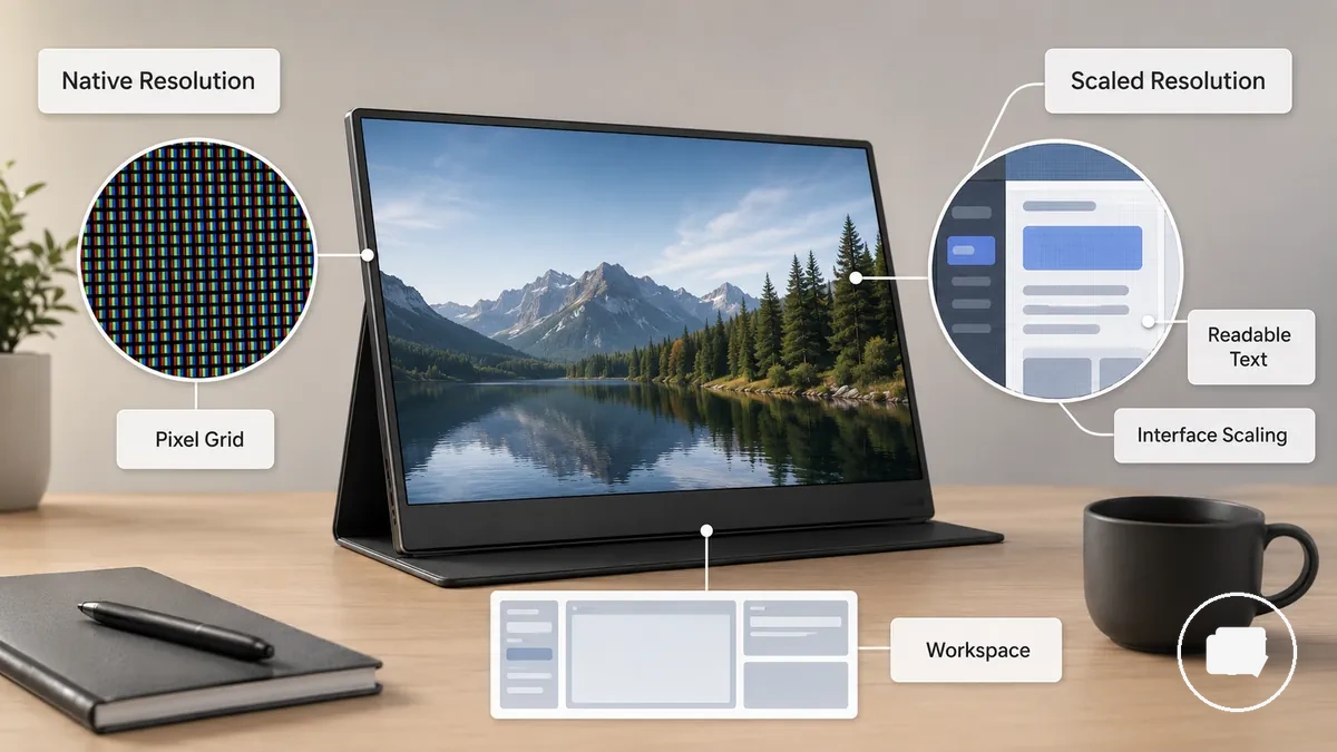 Doğal çözünürlük ve ölçeklenmiş çözünürlüğü gösteren açıklamalı taşınabilir monitör örneği