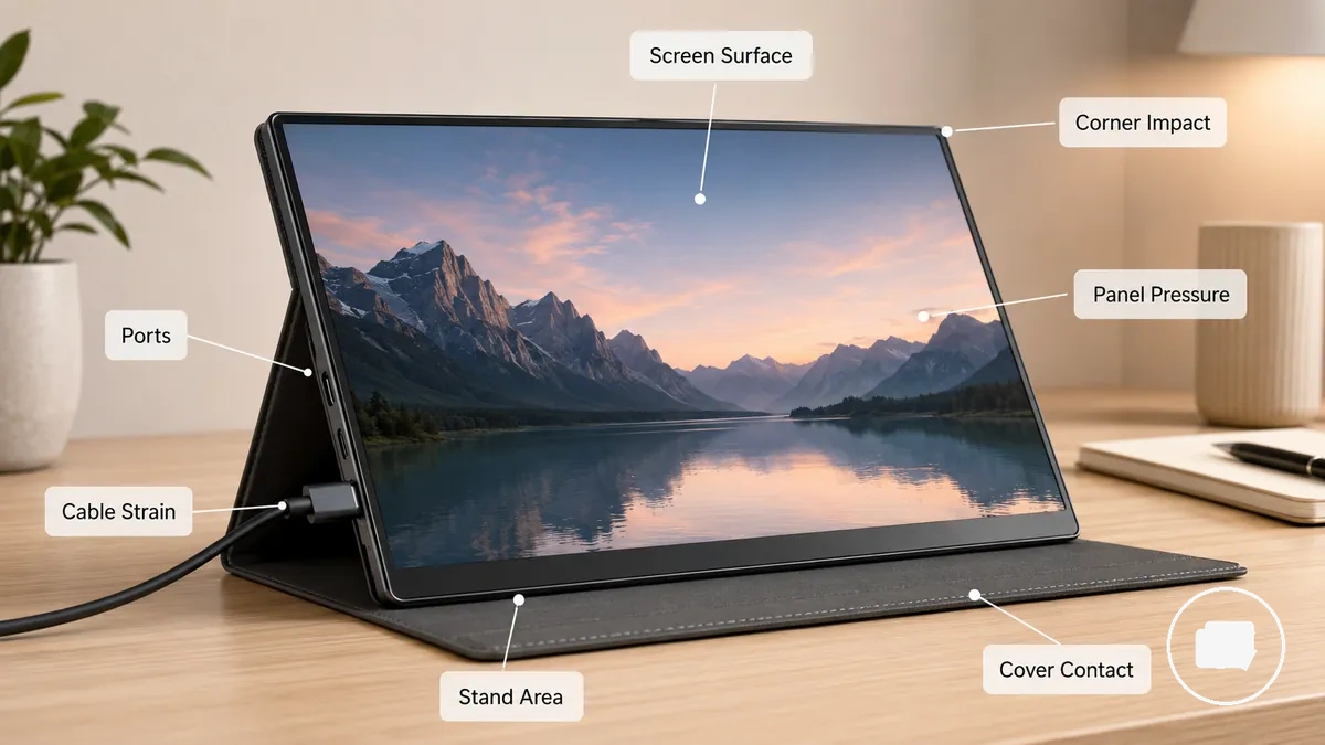 Korunması gereken ekran, köşe, bağlantı noktası, kablo ve stand alanlarını gösteren işaretlenmiş taşınabilir monitör