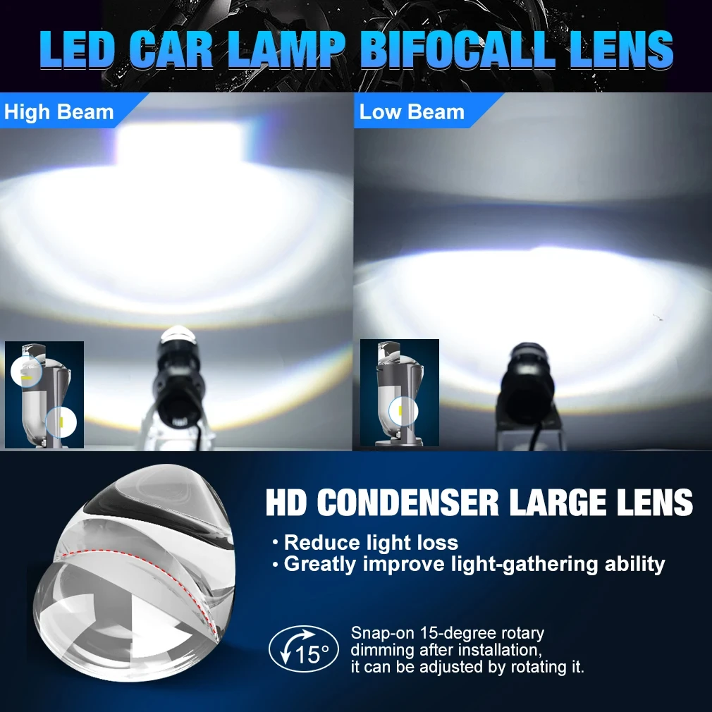 Peowuieu - Projecteur LED Bi-lentille 3 Pouces Pour Voiture - Compatible H4, H7, 9005, 9006 - 6000K/10000K - Blanc