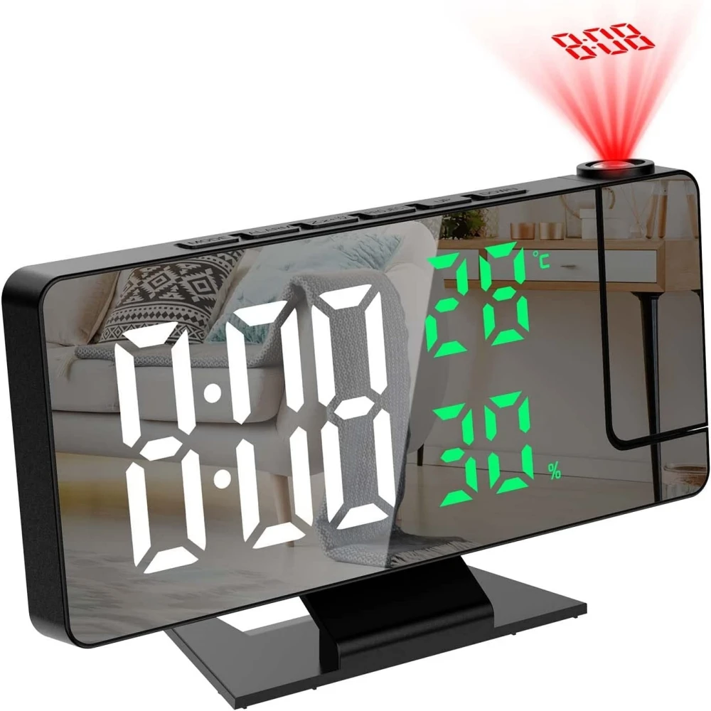 Réveil Numérique à Projection Vocale LED Noir - Horloge Projetée Avec Alarme Et Rapport Horaire